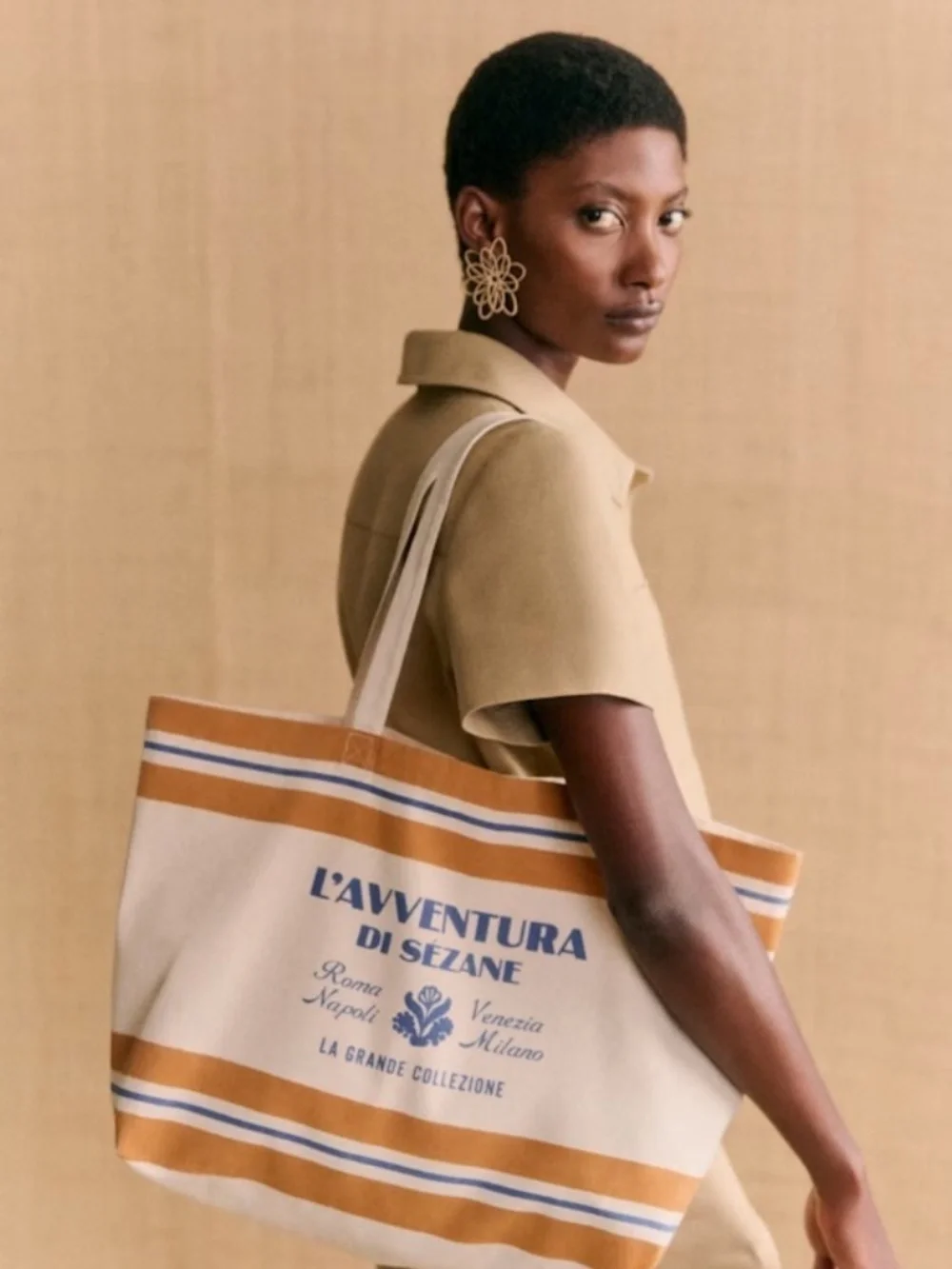 new Sézane l'Avventura di Sezane striped gold tan amber tote limited edition